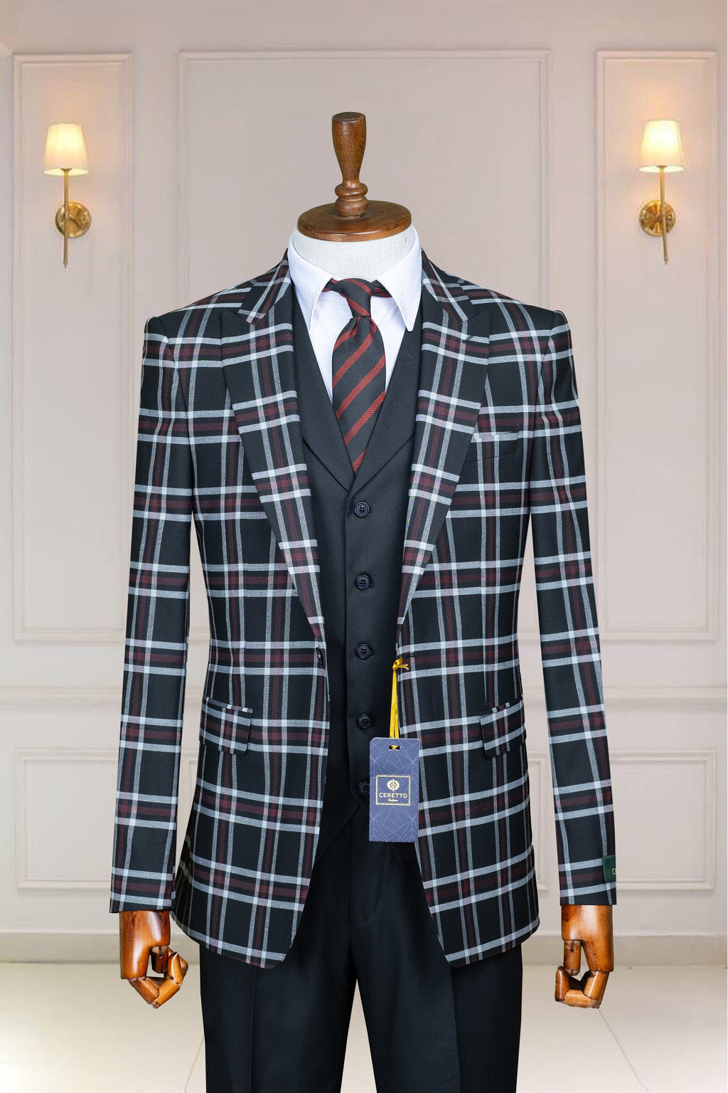 3 Piece Checked, Black Men's Suit Single Breasted Peak Lapel, Men's Suit, Blazer,Vest,Pants