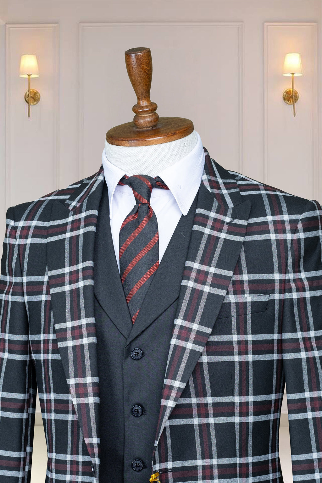 3 Piece Checked, Black Men's Suit Single Breasted Peak Lapel, Men's Suit, Blazer,Vest,Pants