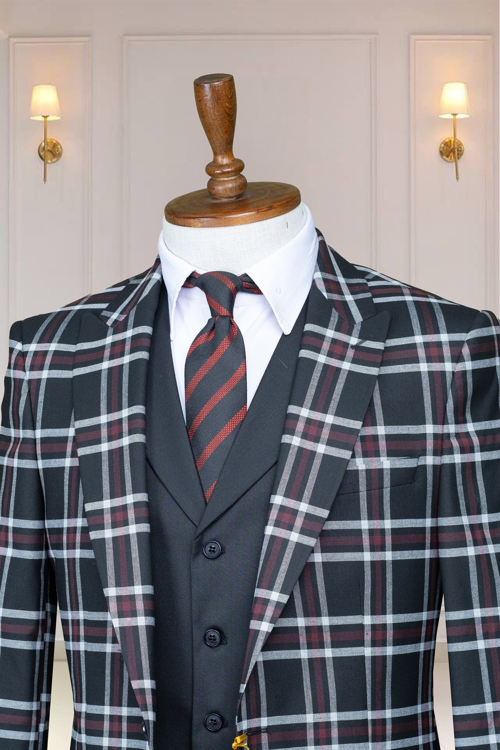 3 Piece Checked, Black Men's Suit Single Breasted Peak Lapel, Men's Suit, Blazer,Vest,Pants