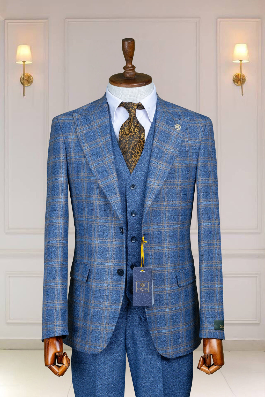 3 Piece Checked, Baby Blue Men's Suit Single Breasted Peak Lapel, Men's Suit, Blazer,Vest,Pants