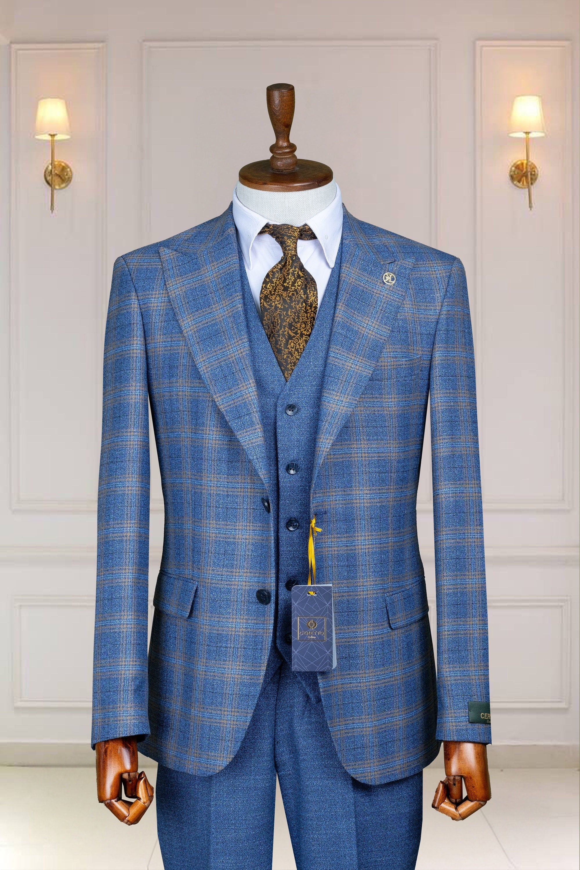 3 Piece Checked, Baby Blue Men's Suit Single Breasted Peak Lapel, Men's Suit, Blazer,Vest,Pants