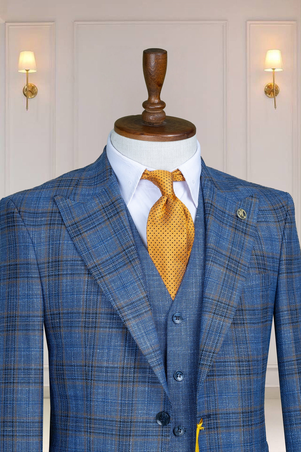 3 Piece Checked, Navy Blue Men's Suit Single Breasted Peak Lapel, Men's Suit, Blazer,Vest,Pants