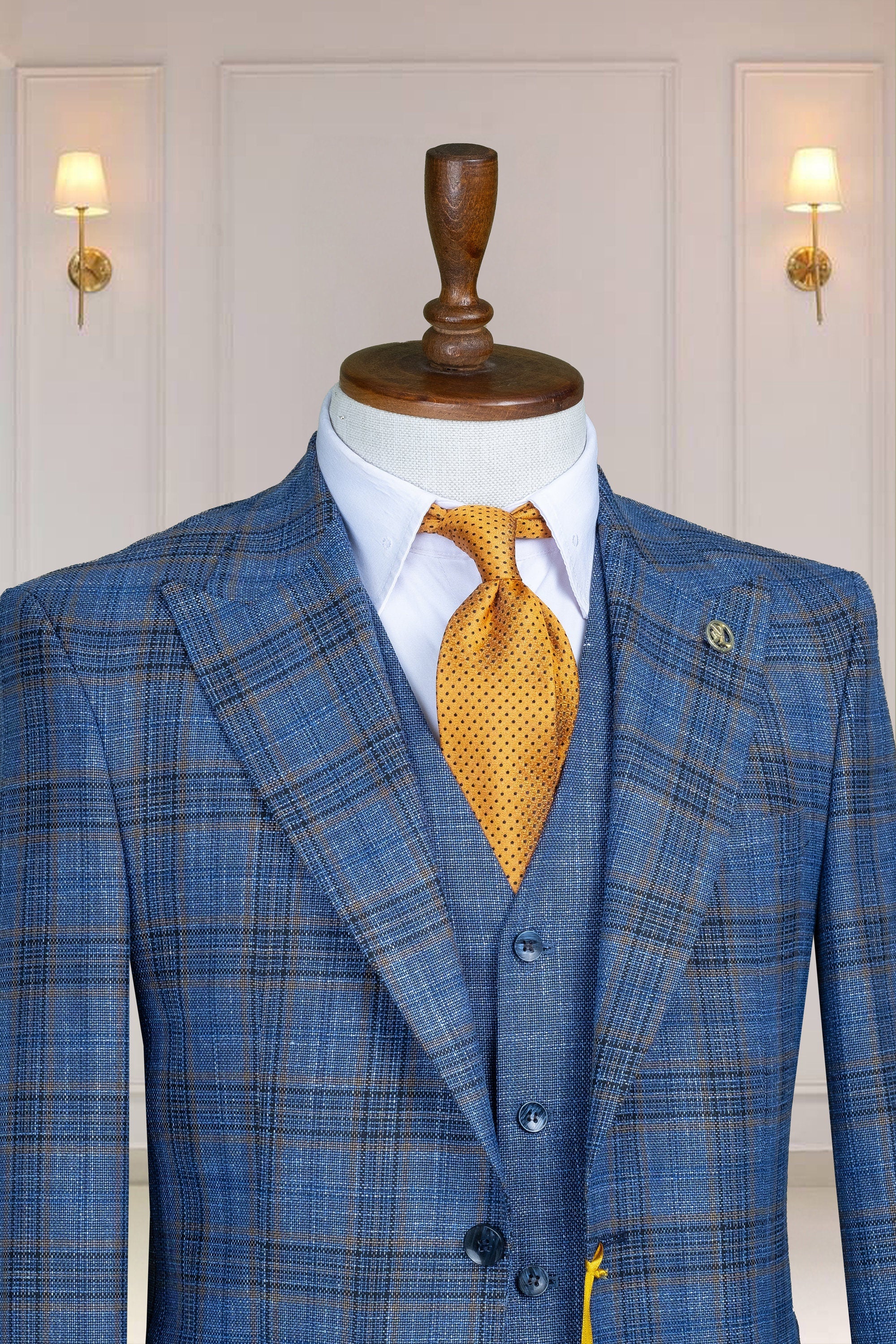 3 Piece Checked, Navy Blue Men's Suit Single Breasted Peak Lapel, Men's Suit, Blazer,Vest,Pants