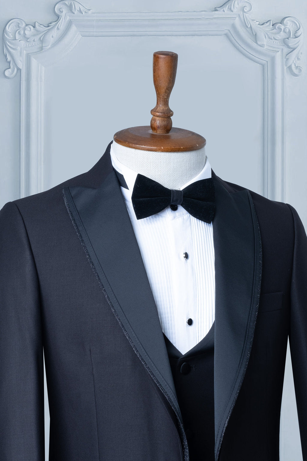 Black Suits Men 3 Piece Slim Fit One Button Wedding Groom Party Wear Coat Pant, Peak Lapel, Black Slim Fit Satin Peak Lapel Wedding Suit