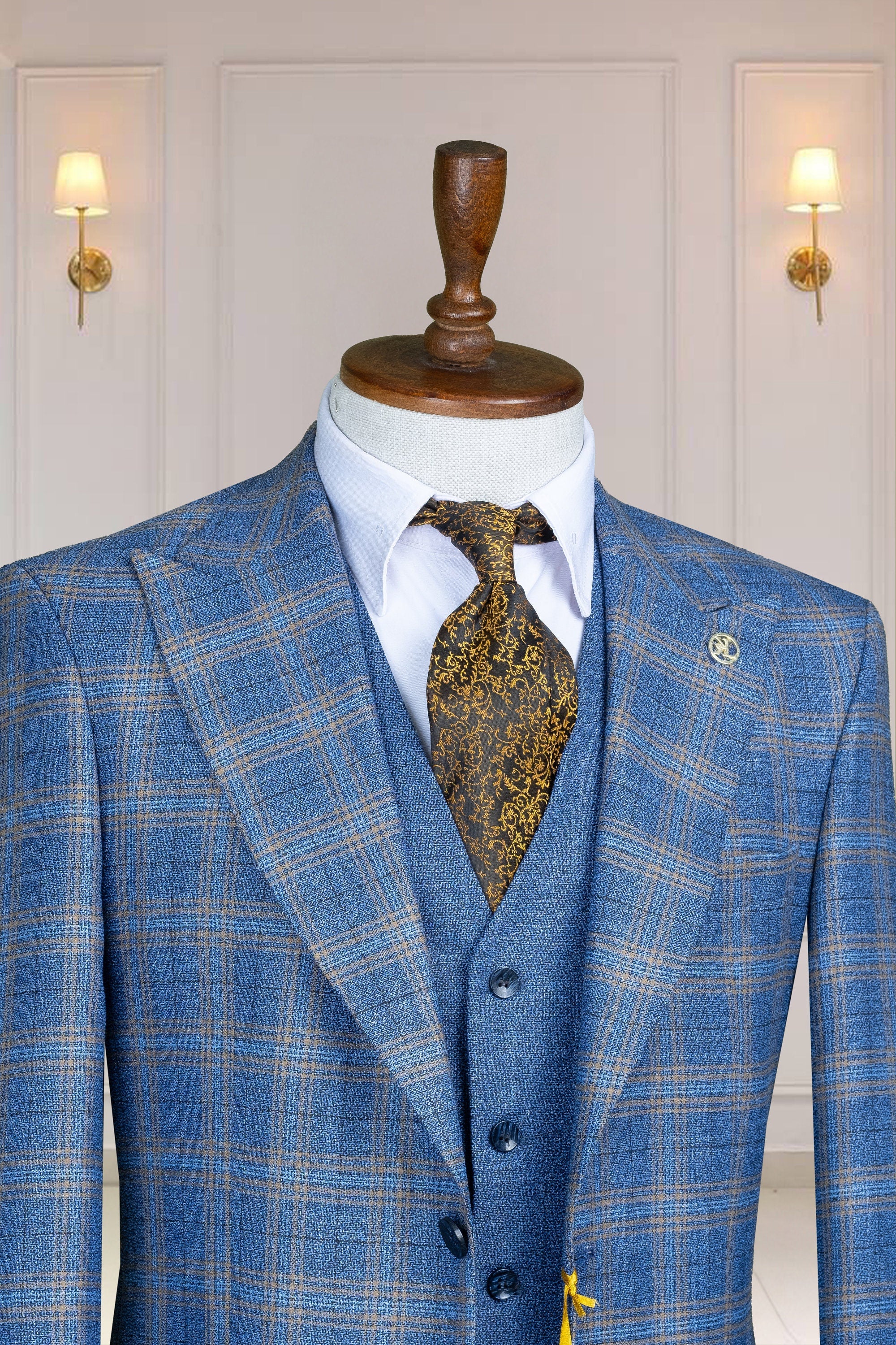 3 Piece Checked, Baby Blue Men's Suit Single Breasted Peak Lapel, Men's Suit, Blazer,Vest,Pants