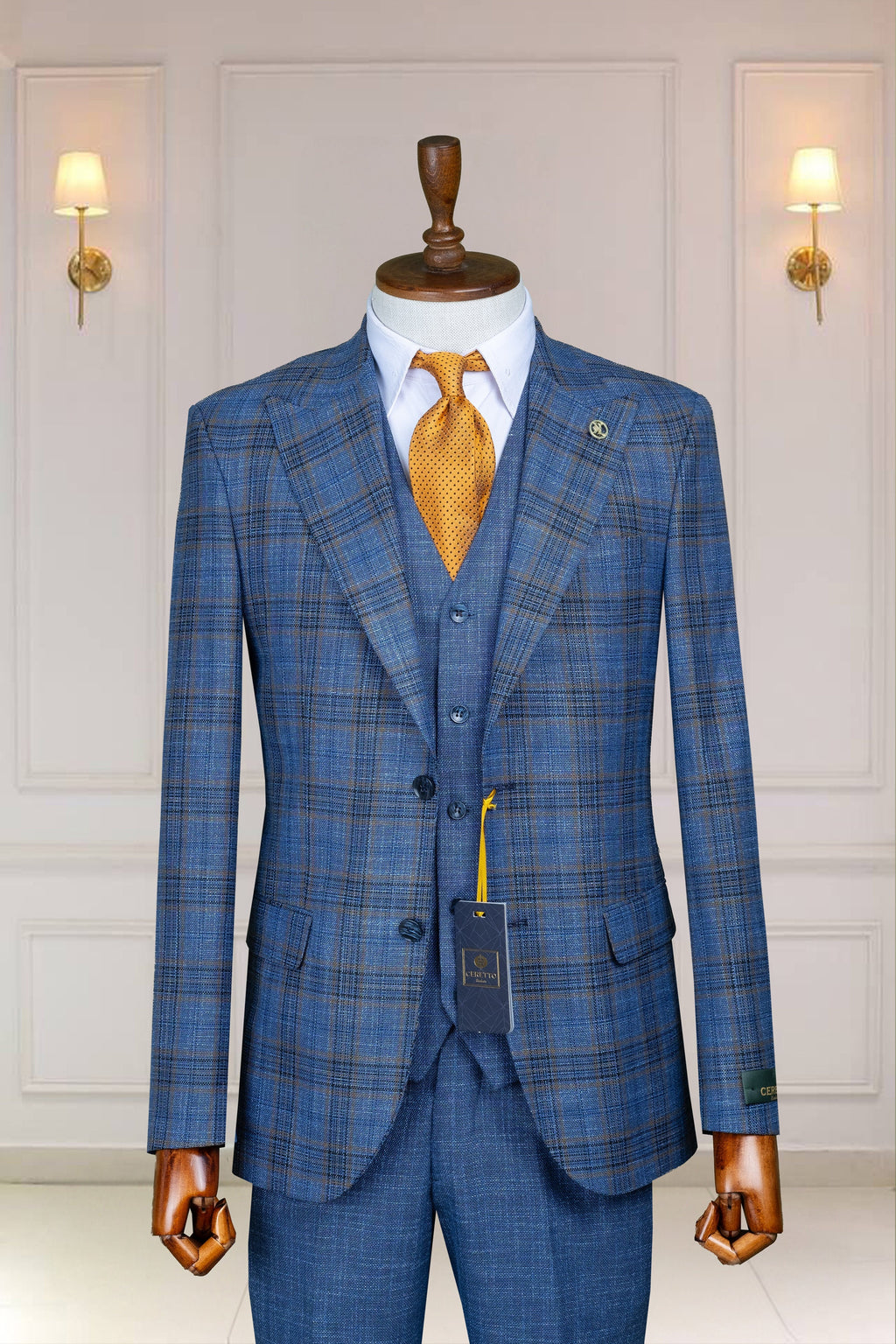 3 Piece Checked, Navy Blue Men's Suit Single Breasted Peak Lapel, Men's Suit, Blazer,Vest,Pants