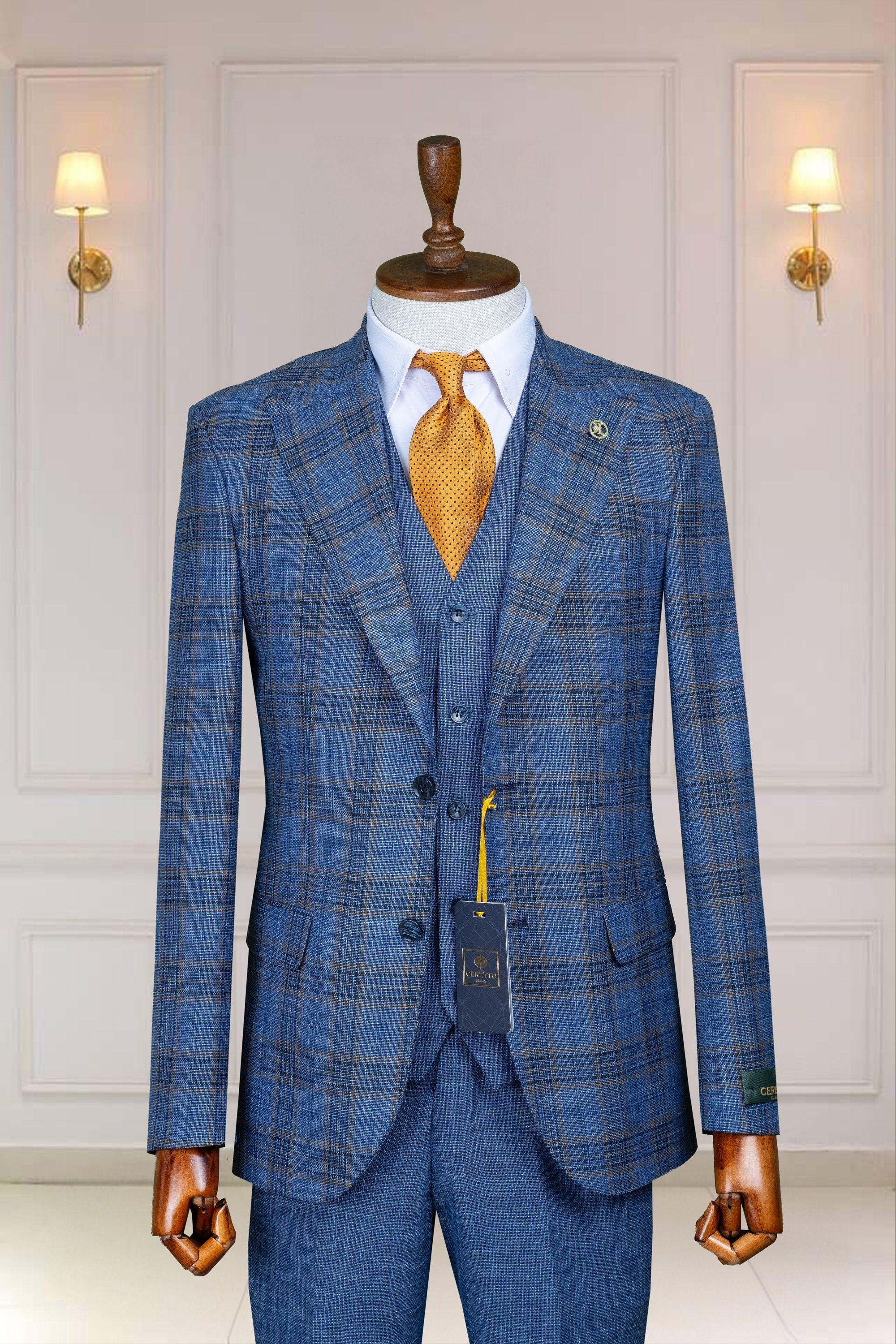 3 Piece Checked, Navy Blue Men's Suit Single Breasted Peak Lapel, Men's Suit, Blazer,Vest,Pants