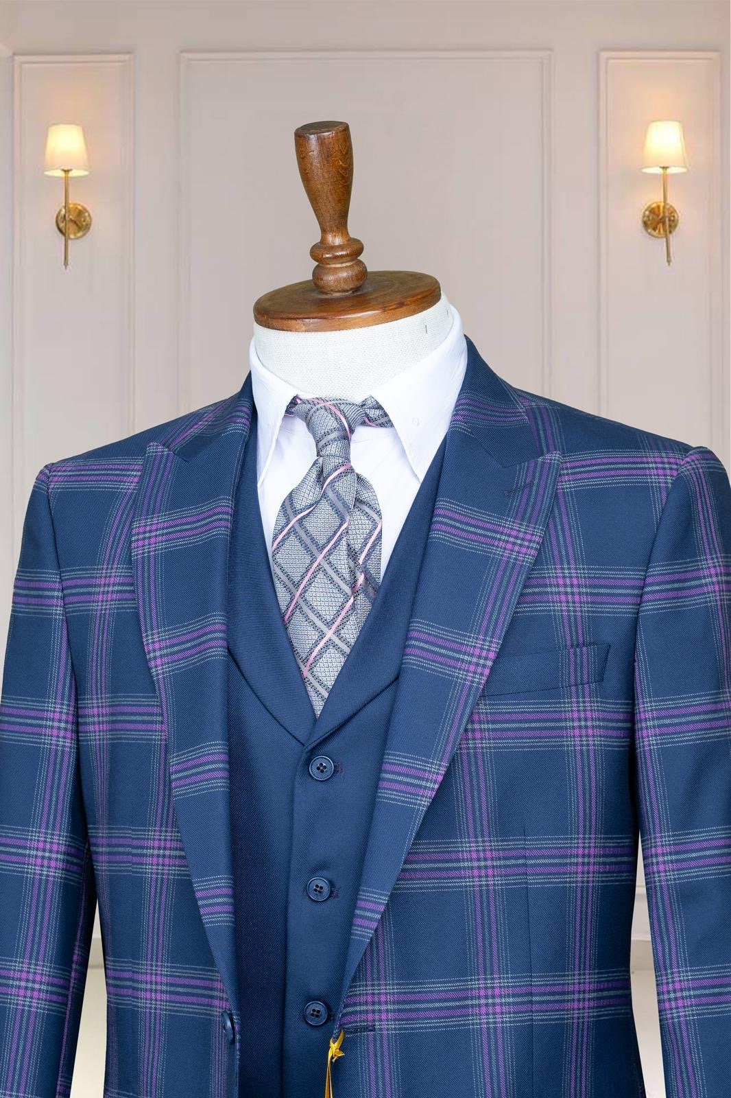 3 Piece Checked, Blue Men's Suit Single Breasted Peak Lapel, Men's Suit, Blazer,Vest,Pants