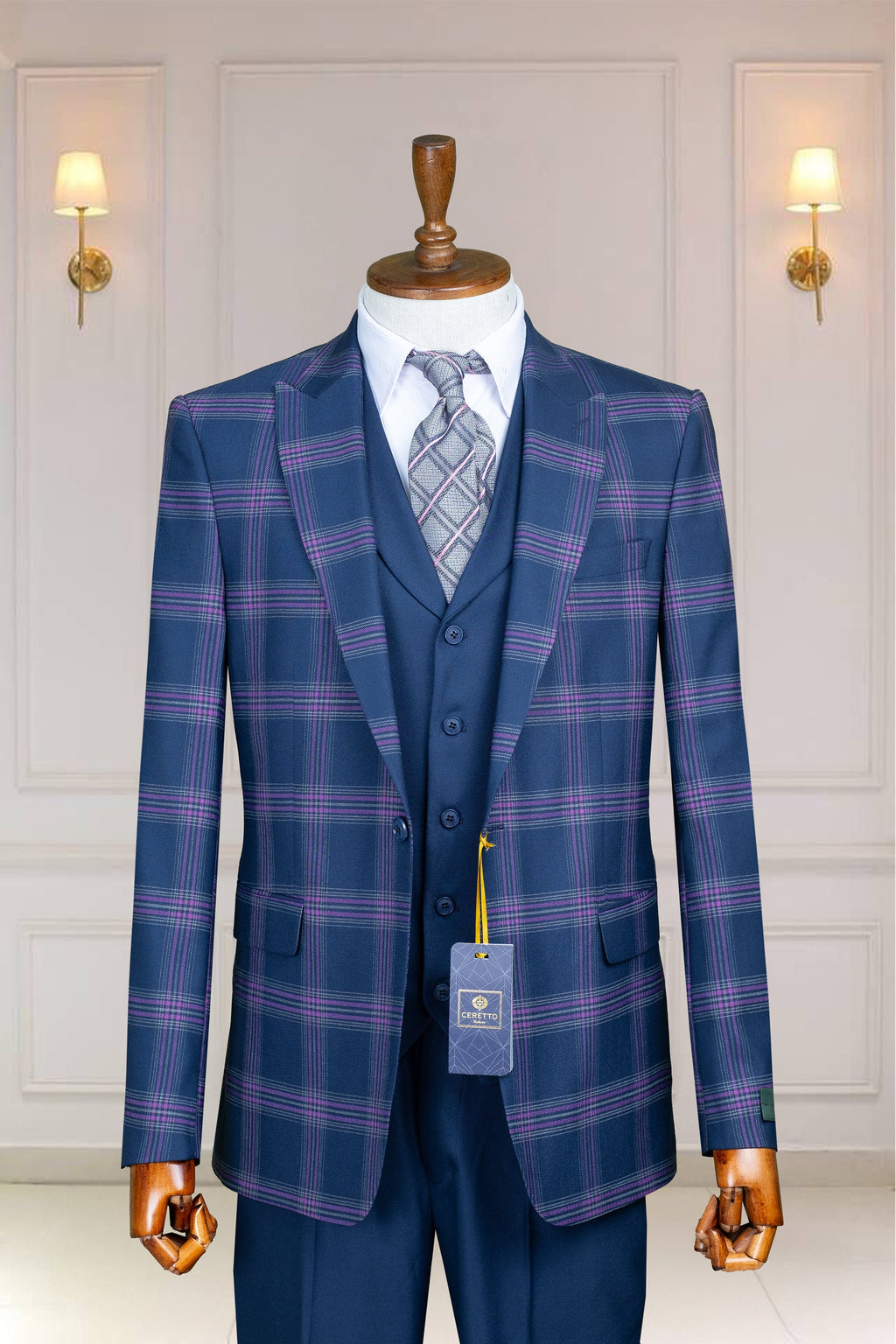 3 Piece Checked, Blue Men's Suit Single Breasted Peak Lapel, Men's Suit, Blazer,Vest,Pants