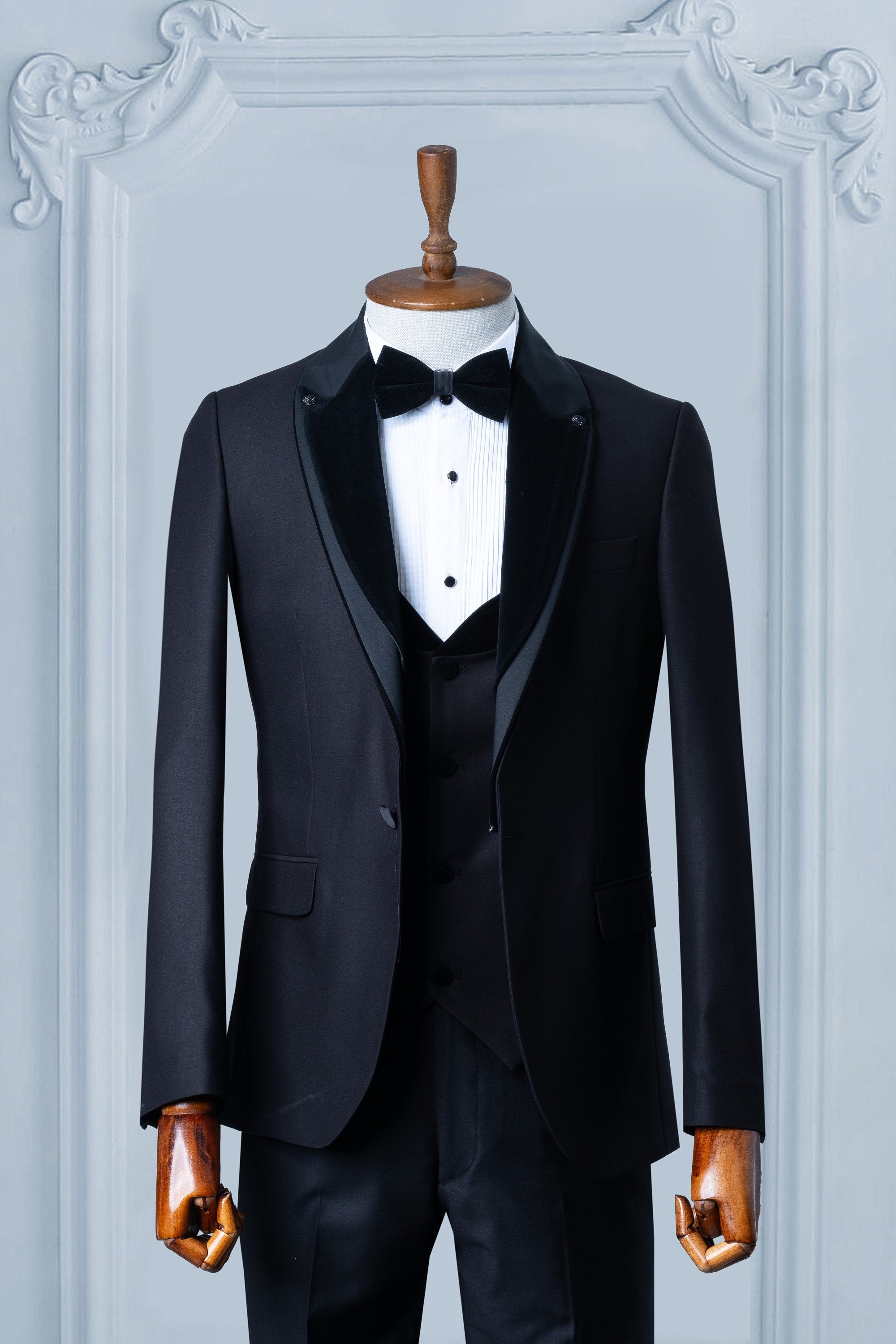 Black Suits Men 3 Piece Slim Fit One Button Wedding Groom Party Wear Coat Pant, Peak Lapel, Black Slim Fit Satin Peak Lapel Wedding Suit