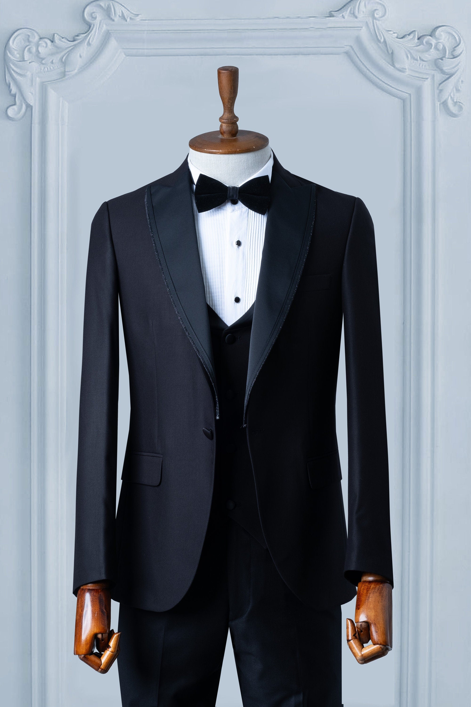 Black Suits Men 3 Piece Slim Fit One Button Wedding Groom Party Wear Coat Pant, Peak Lapel, Black Slim Fit Satin Peak Lapel Wedding Suit