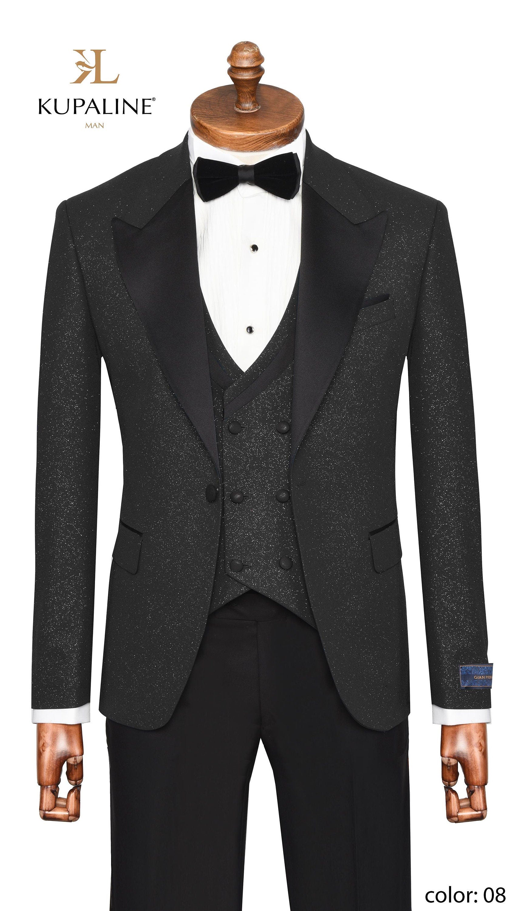 Black Shiny Three Piece, Peak Lapel Men’s Groom Suit , Men's Tuxedo - Wedding Suit