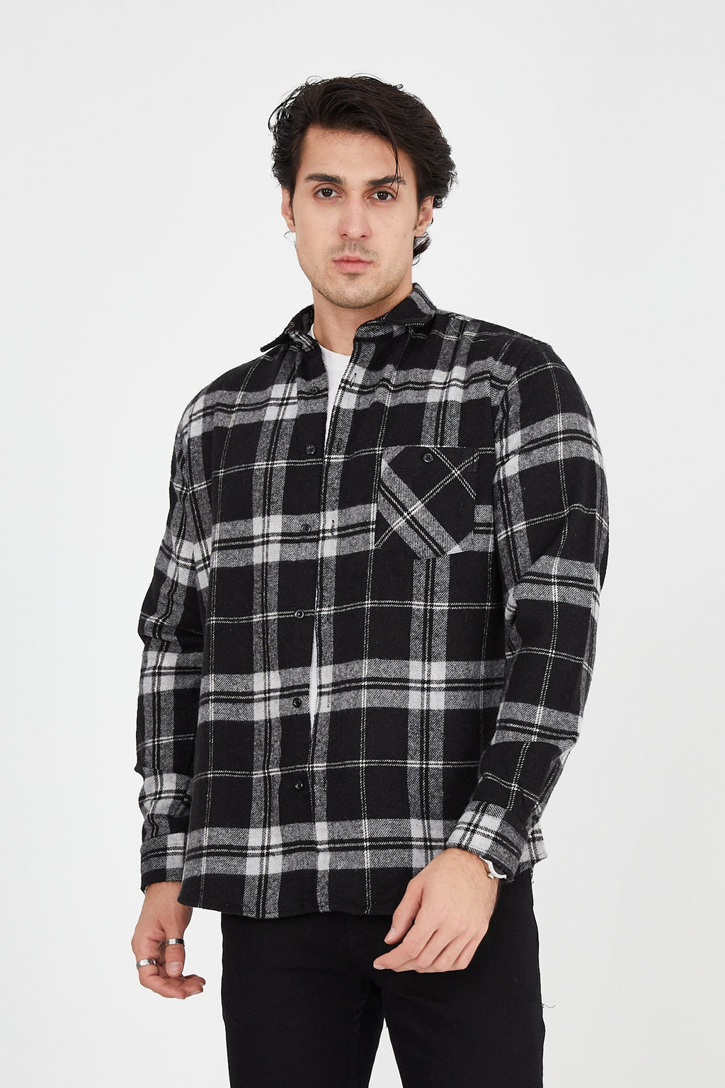 Unisex Oversized Black Plaid Lumberjack Jacket Shirt for Winter