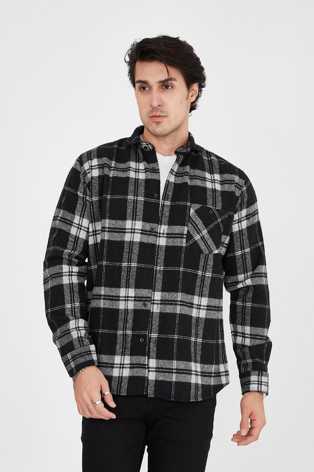 Unisex Oversized Black Plaid Lumberjack Jacket Shirt for Winter