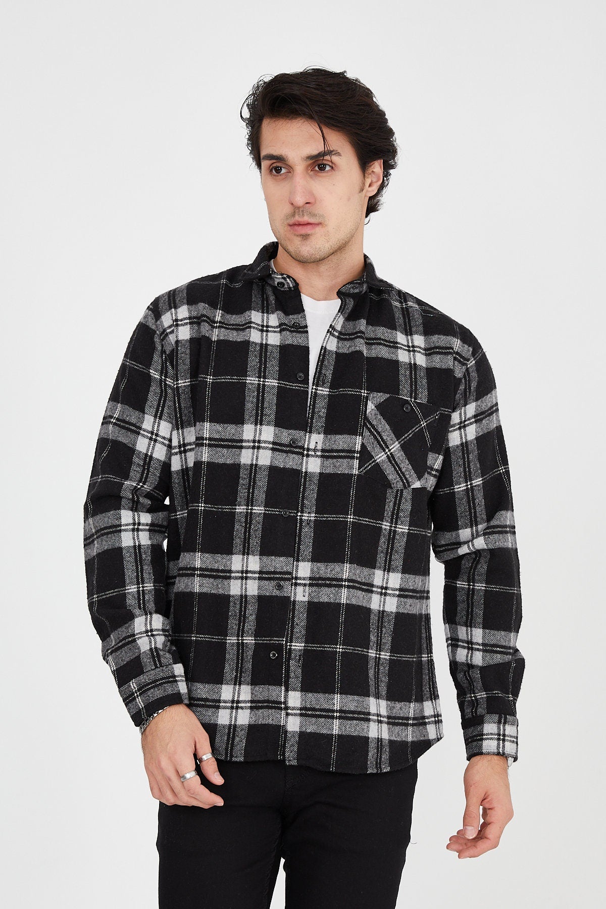 Unisex Oversized Black Plaid Lumberjack Jacket Shirt for Winter
