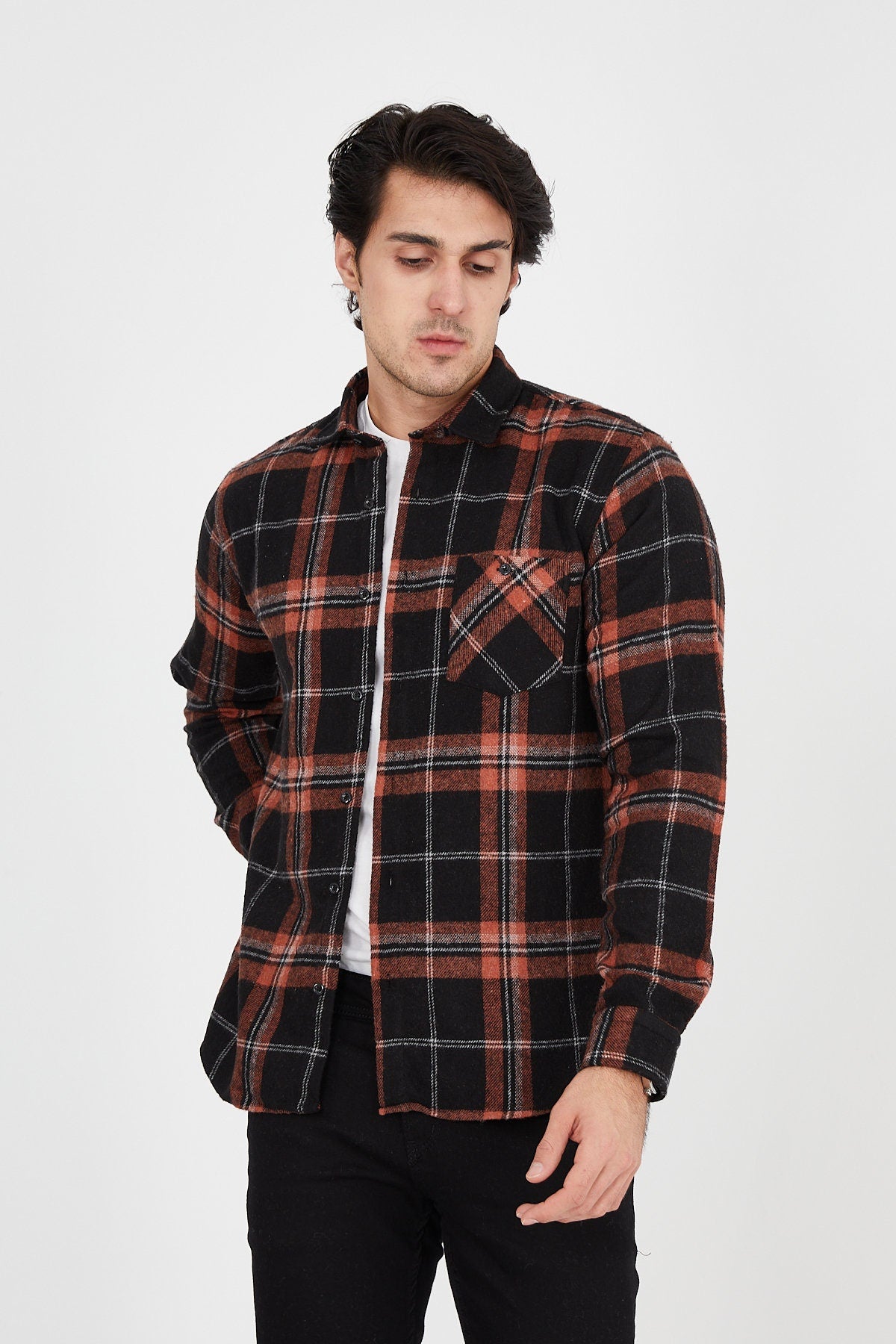 Unisex Oversized Orange Plaid Lumberjack Jacket Shirt for Winter
