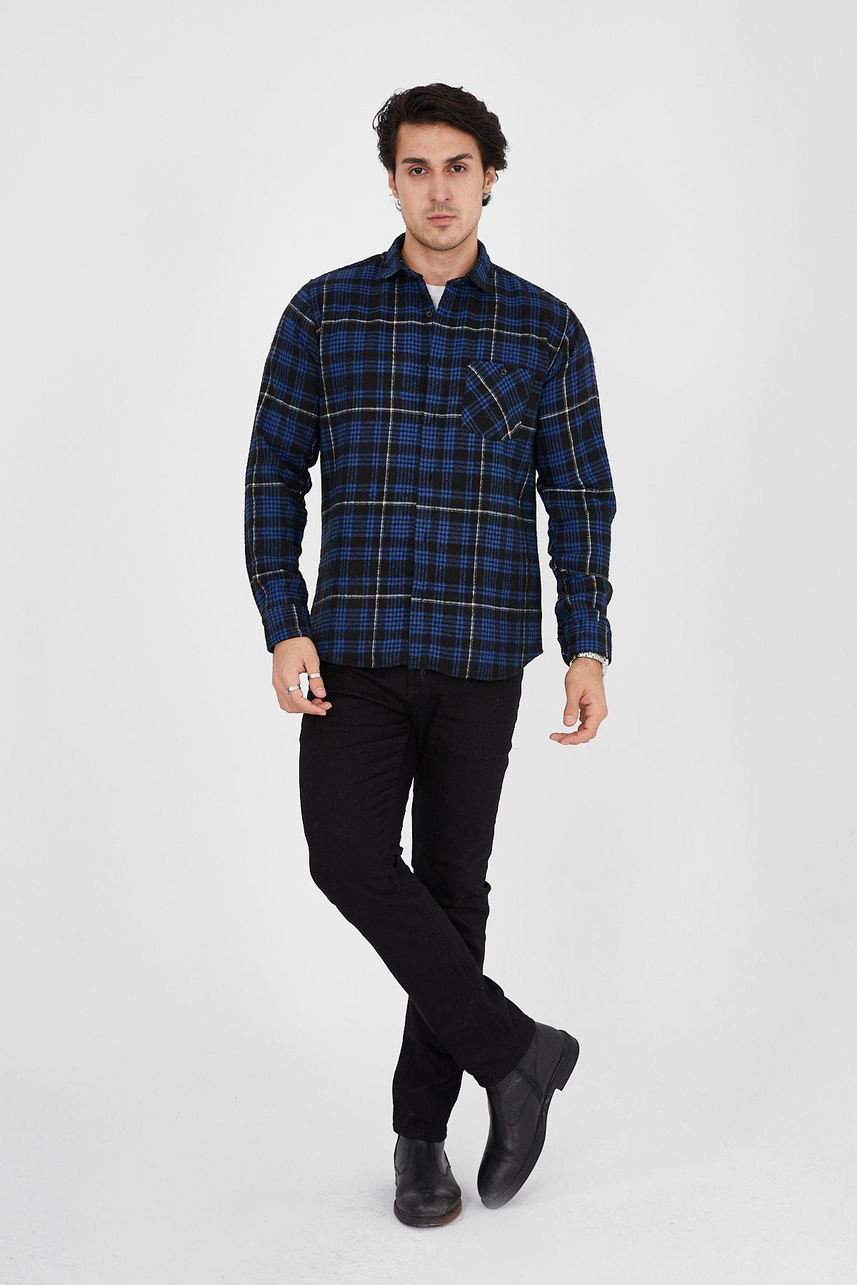 Unisex Oversized Blue Plaid Lumberjack Jacket Shirt for Winter