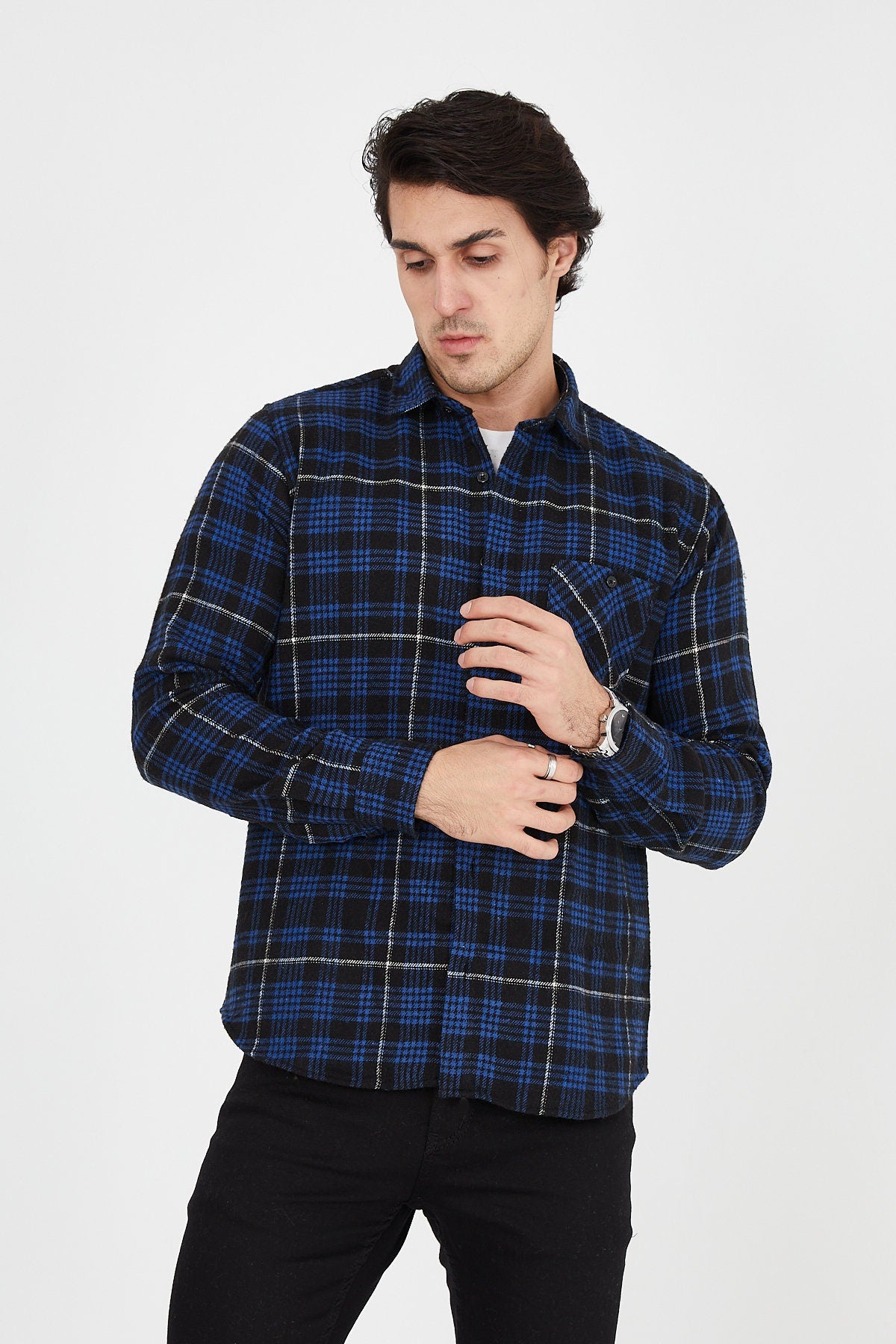 Unisex Oversized Blue Plaid Lumberjack Jacket Shirt for Winter