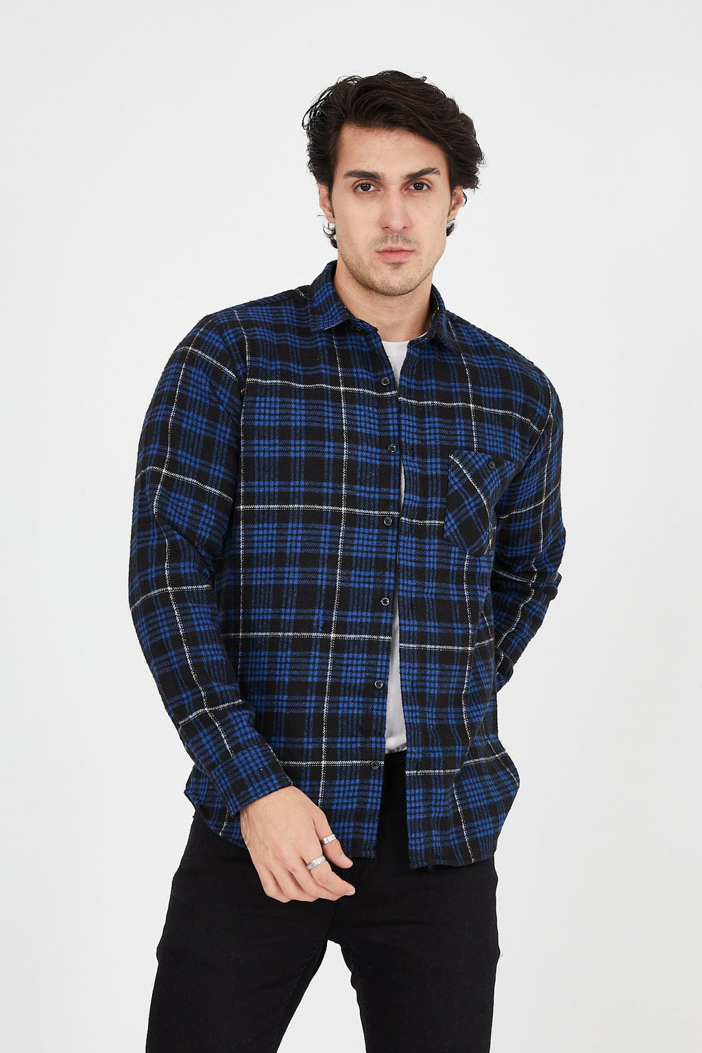 Unisex Oversized Blue Plaid Lumberjack Jacket Shirt for Winter