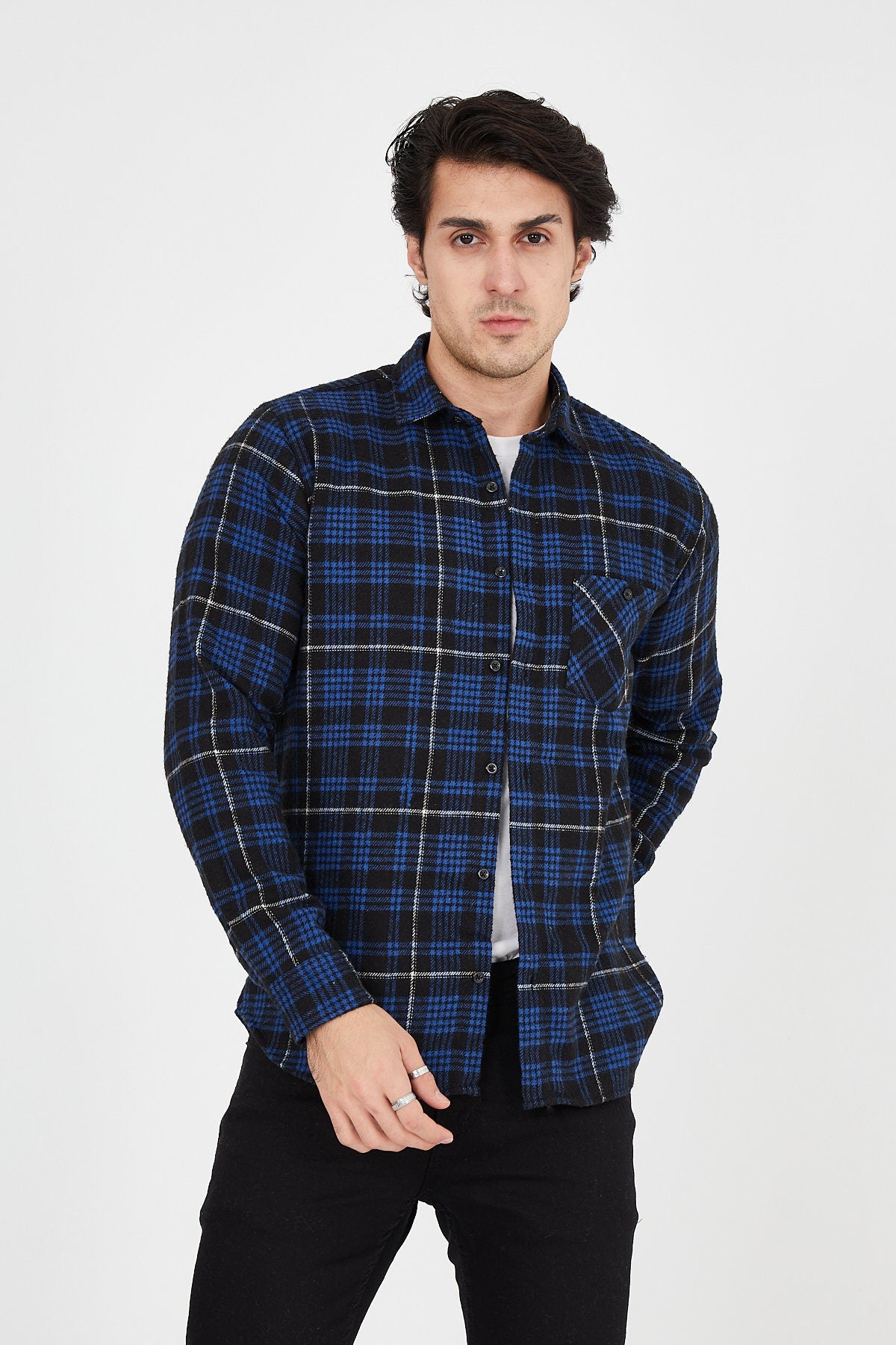 Unisex Oversized Blue Plaid Lumberjack Jacket Shirt for Winter