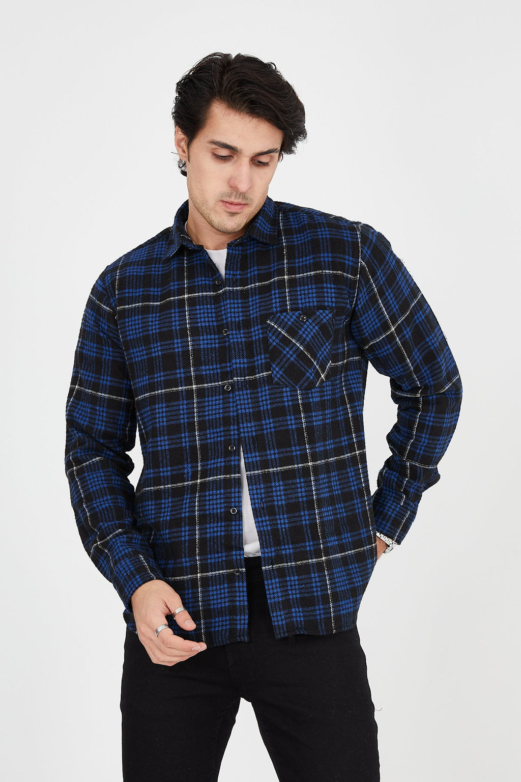 Unisex Oversized Blue Plaid Lumberjack Jacket Shirt for Winter