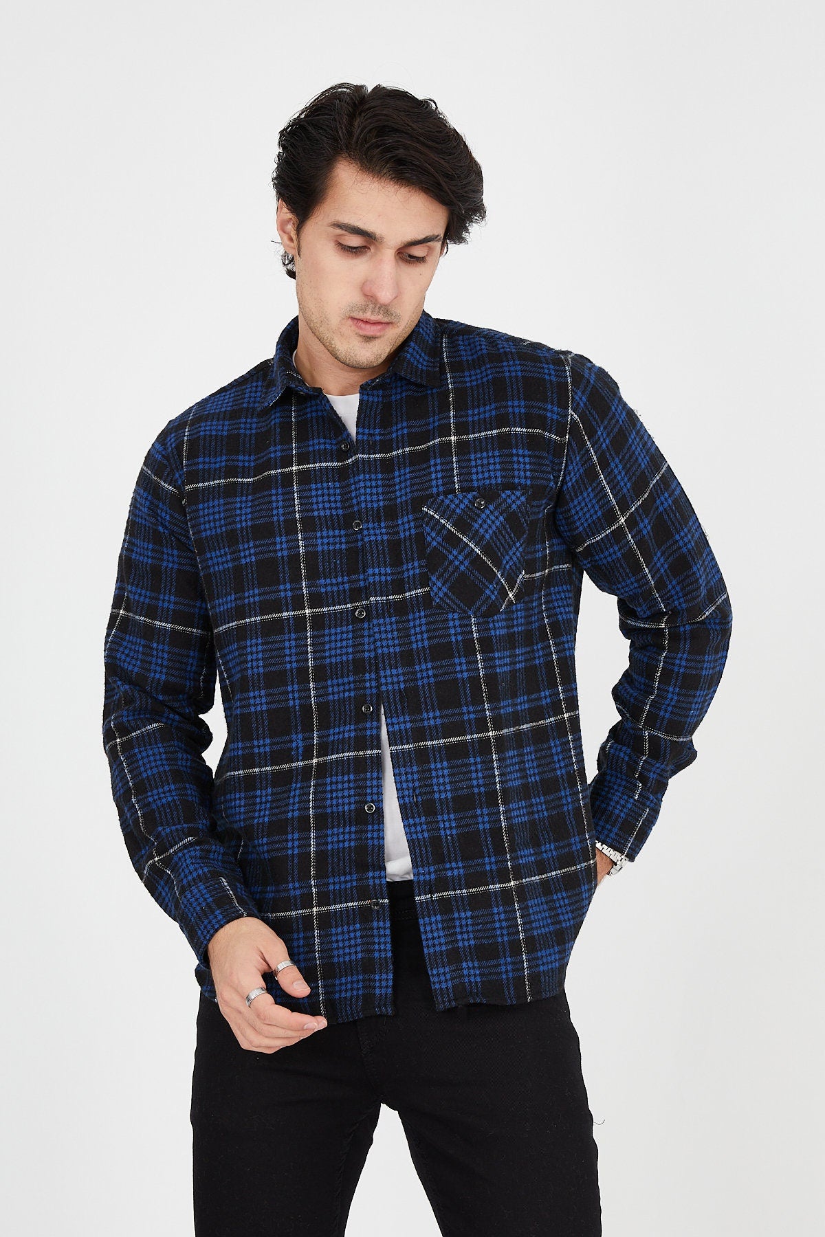 Unisex Oversized Blue Plaid Lumberjack Jacket Shirt for Winter