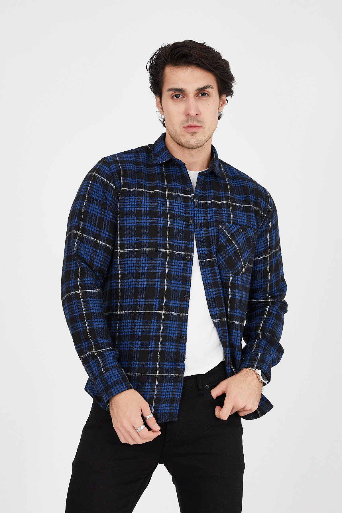 Unisex Oversized Blue Plaid Lumberjack Jacket Shirt for Winter