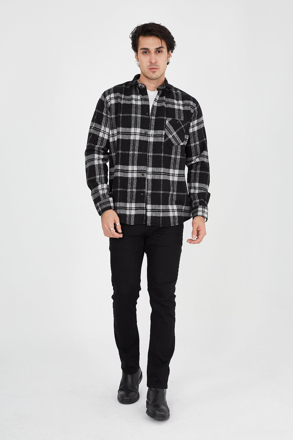 Unisex Oversized Black Plaid Lumberjack Jacket Shirt for Winter
