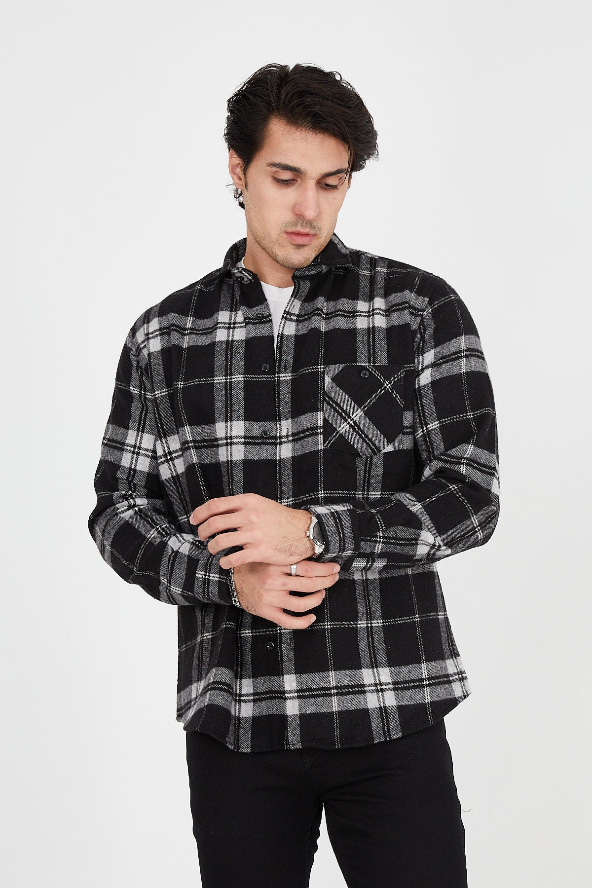 Unisex Oversized Black Plaid Lumberjack Jacket Shirt for Winter