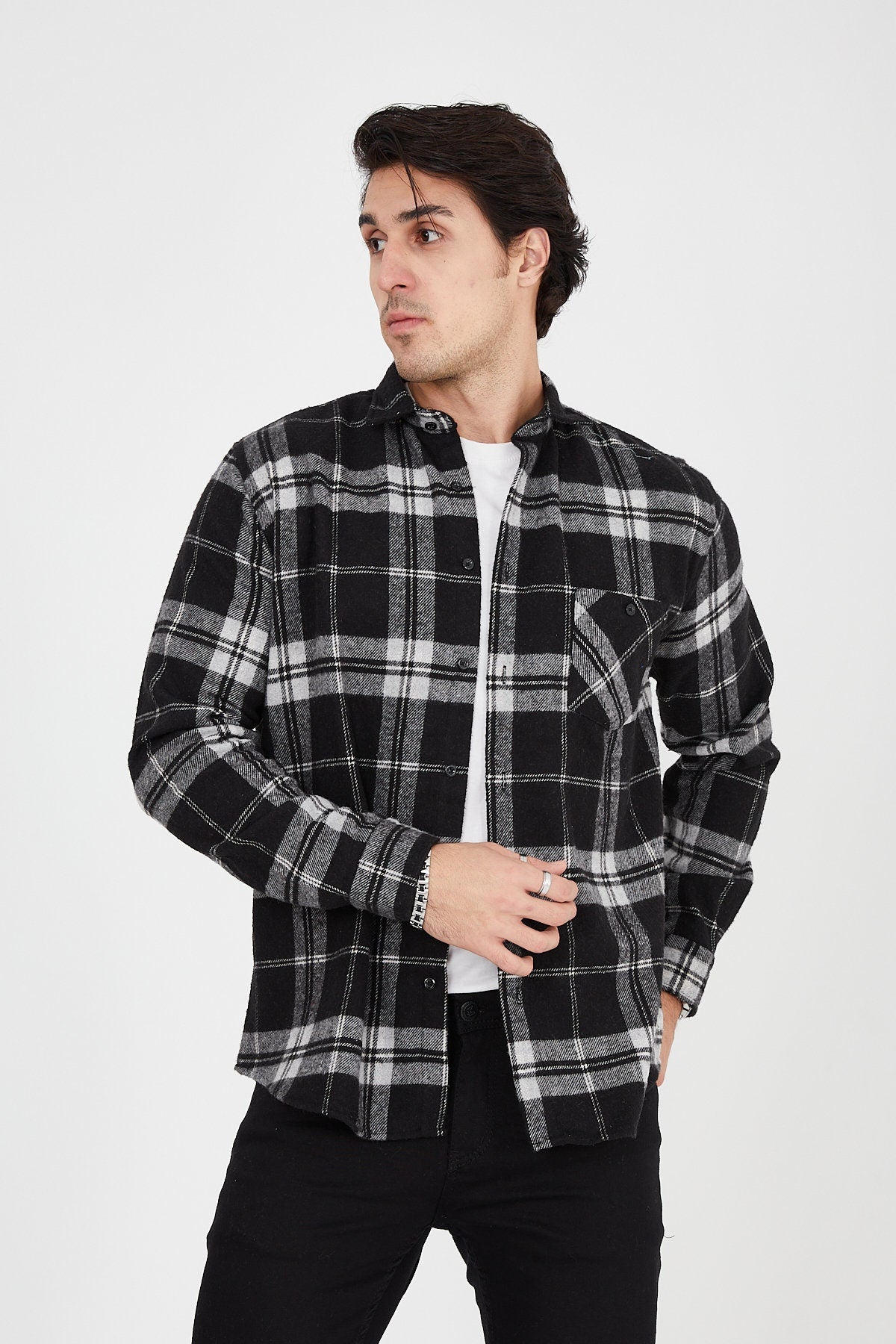 Unisex Oversized Black Plaid Lumberjack Jacket Shirt for Winter