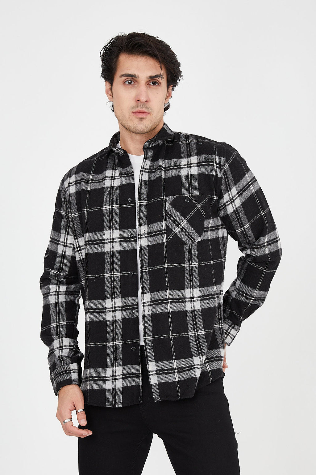 Unisex Oversized Black Plaid Lumberjack Jacket Shirt for Winter