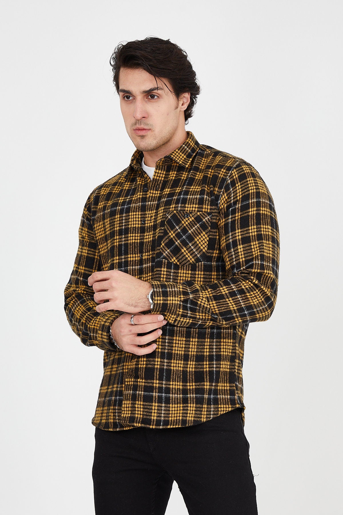 Unisex Oversized Yellow Plaid Lumberjack Jacket Shirt for Winter