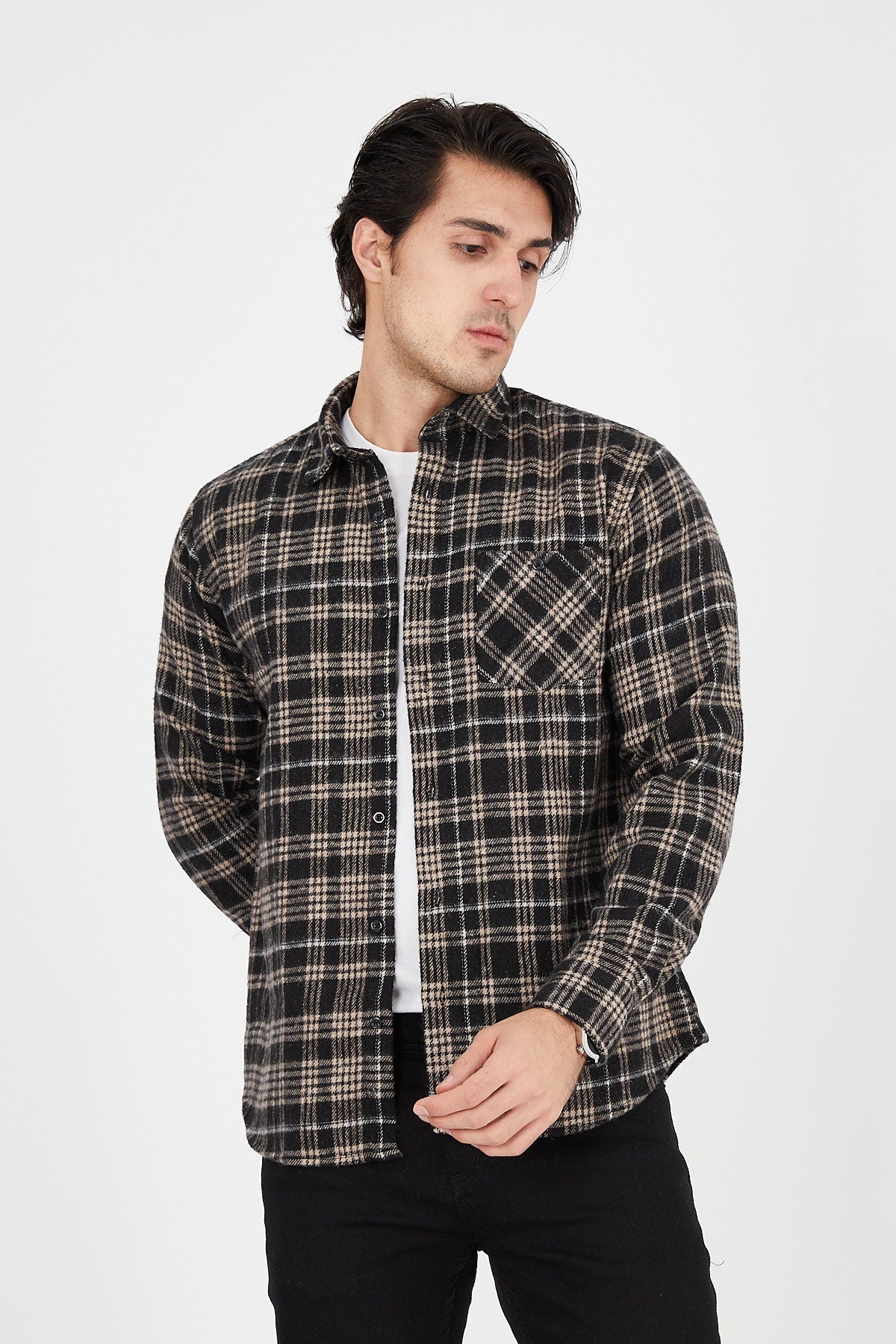 Unisex Oversized Brown Plaid Lumberjack Jacket Shirt for Winter