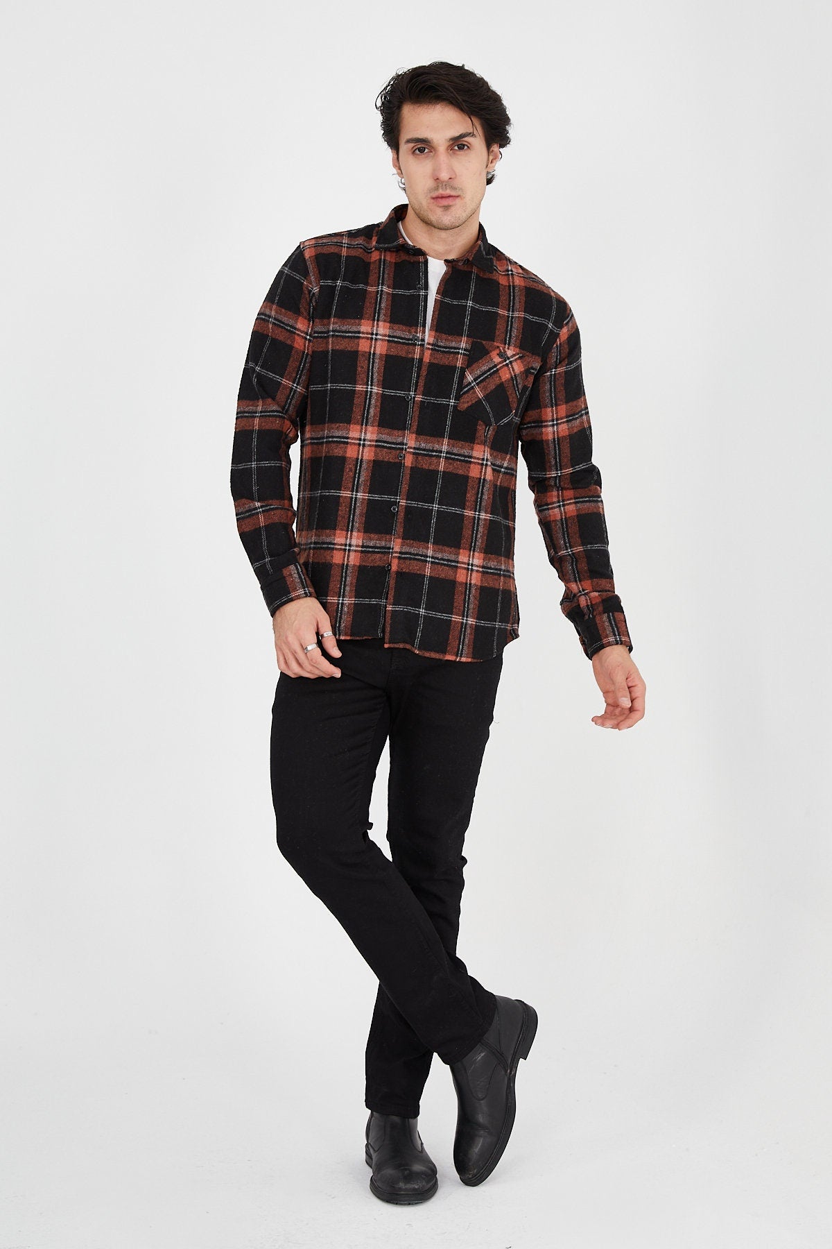 Unisex Oversized Orange Plaid Lumberjack Jacket Shirt for Winter