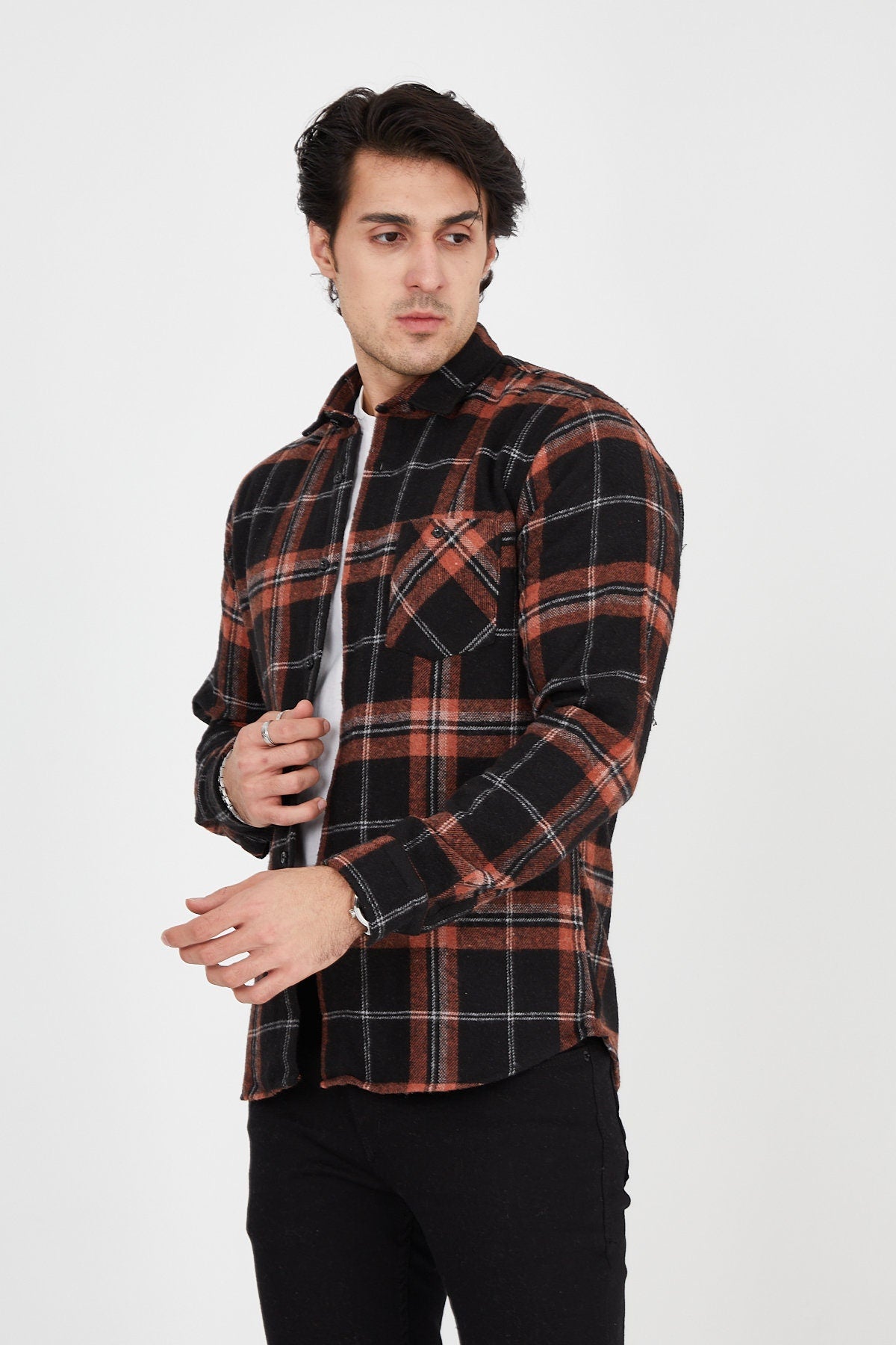 Unisex Oversized Orange Plaid Lumberjack Jacket Shirt for Winter