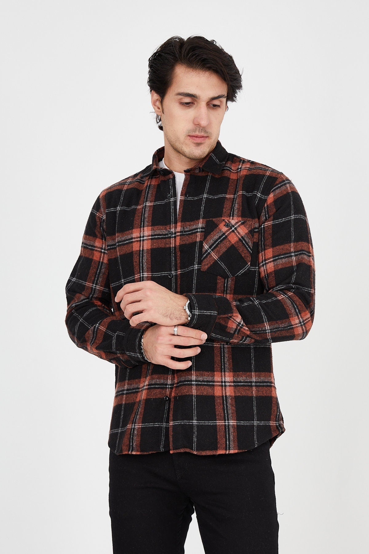 Unisex Oversized Orange Plaid Lumberjack Jacket Shirt for Winter