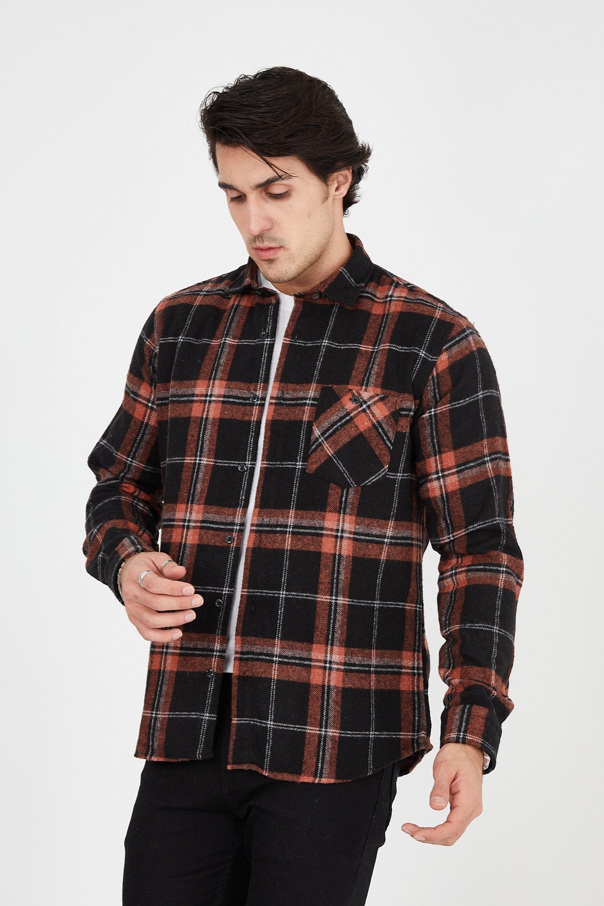 Unisex Oversized Orange Plaid Lumberjack Jacket Shirt for Winter