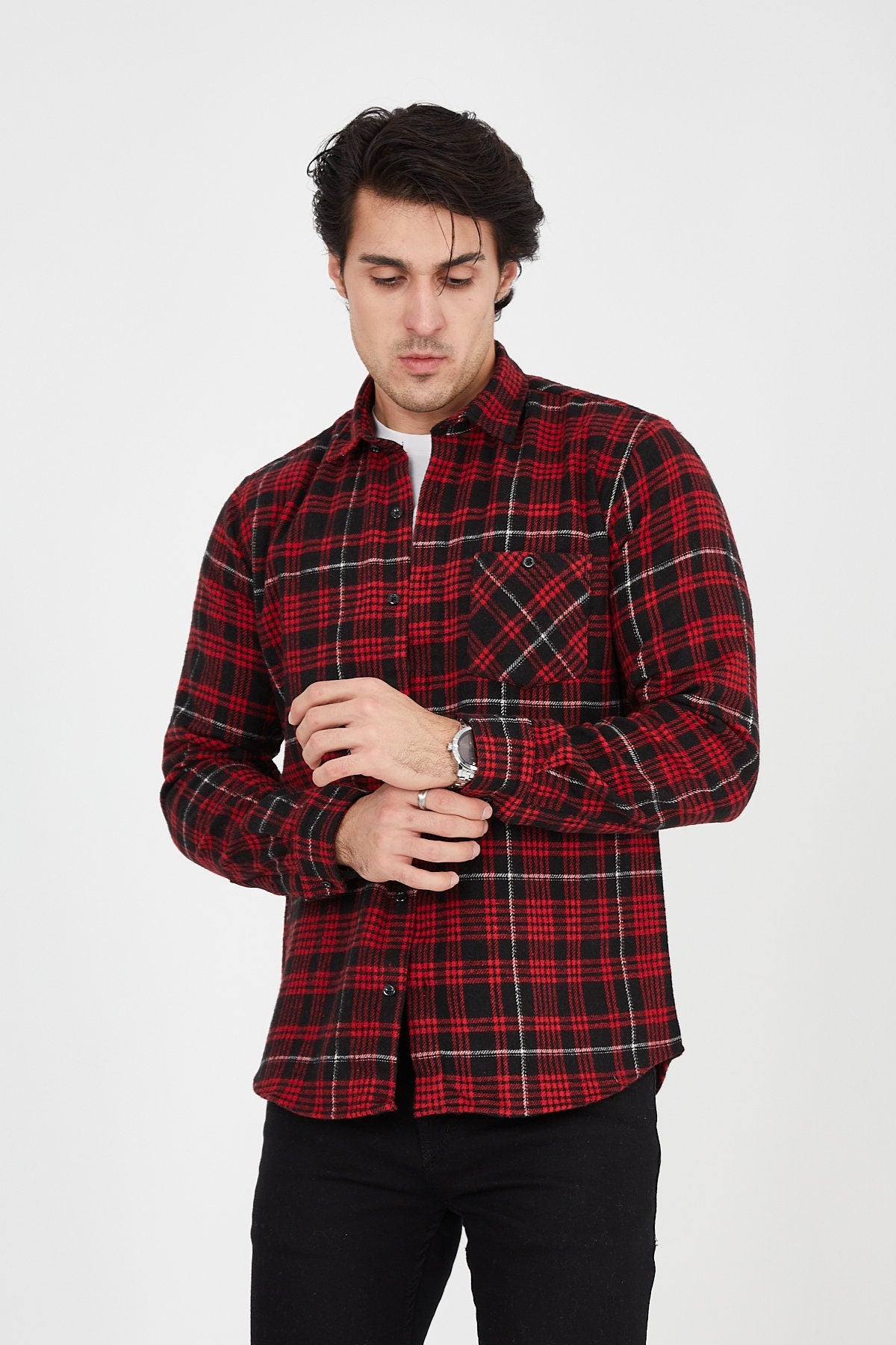 Unisex Oversized Red Plaid Lumberjack Jacket Shirt for Winter