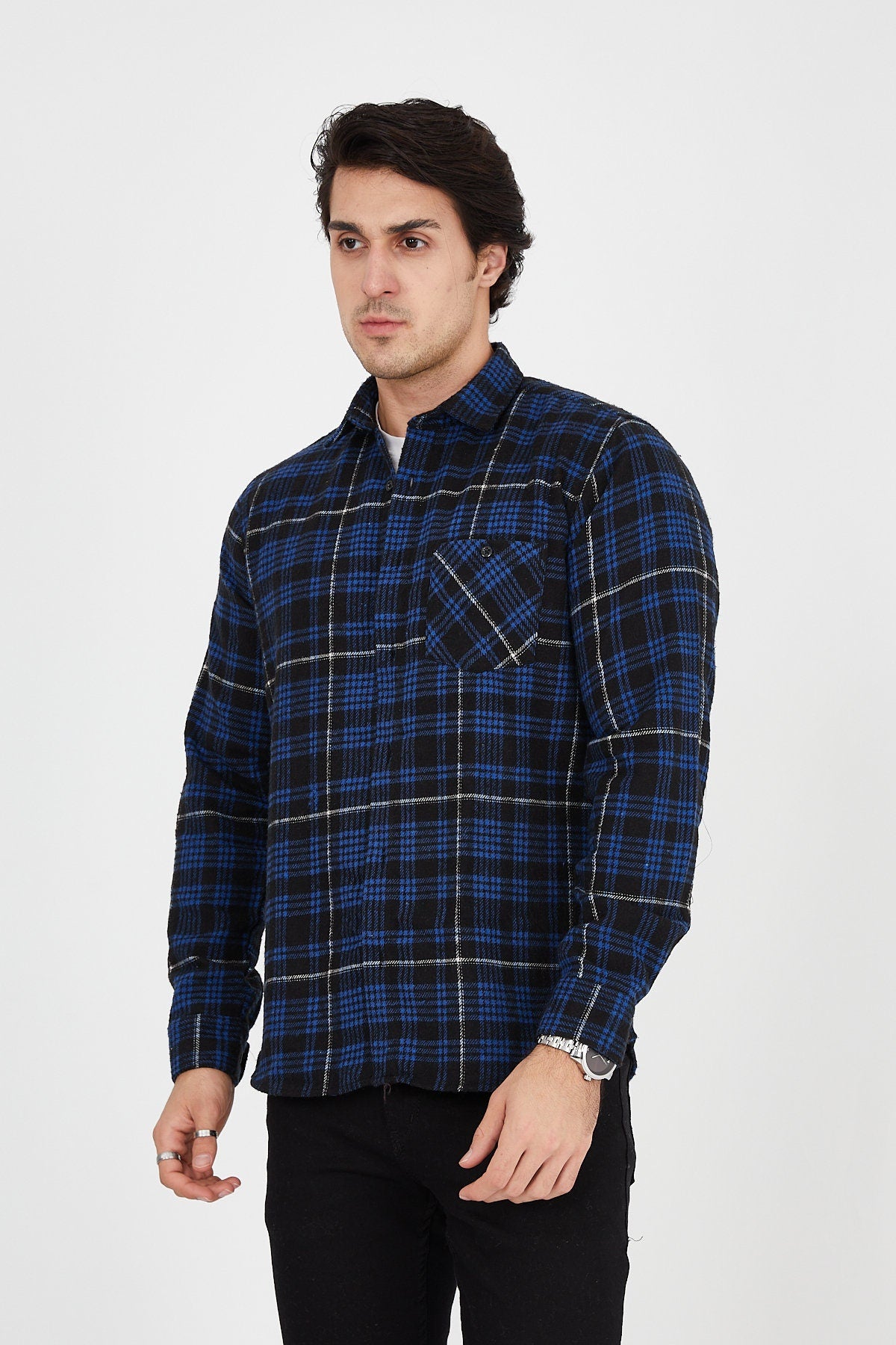 Unisex Oversized Blue Plaid Lumberjack Jacket Shirt for Winter