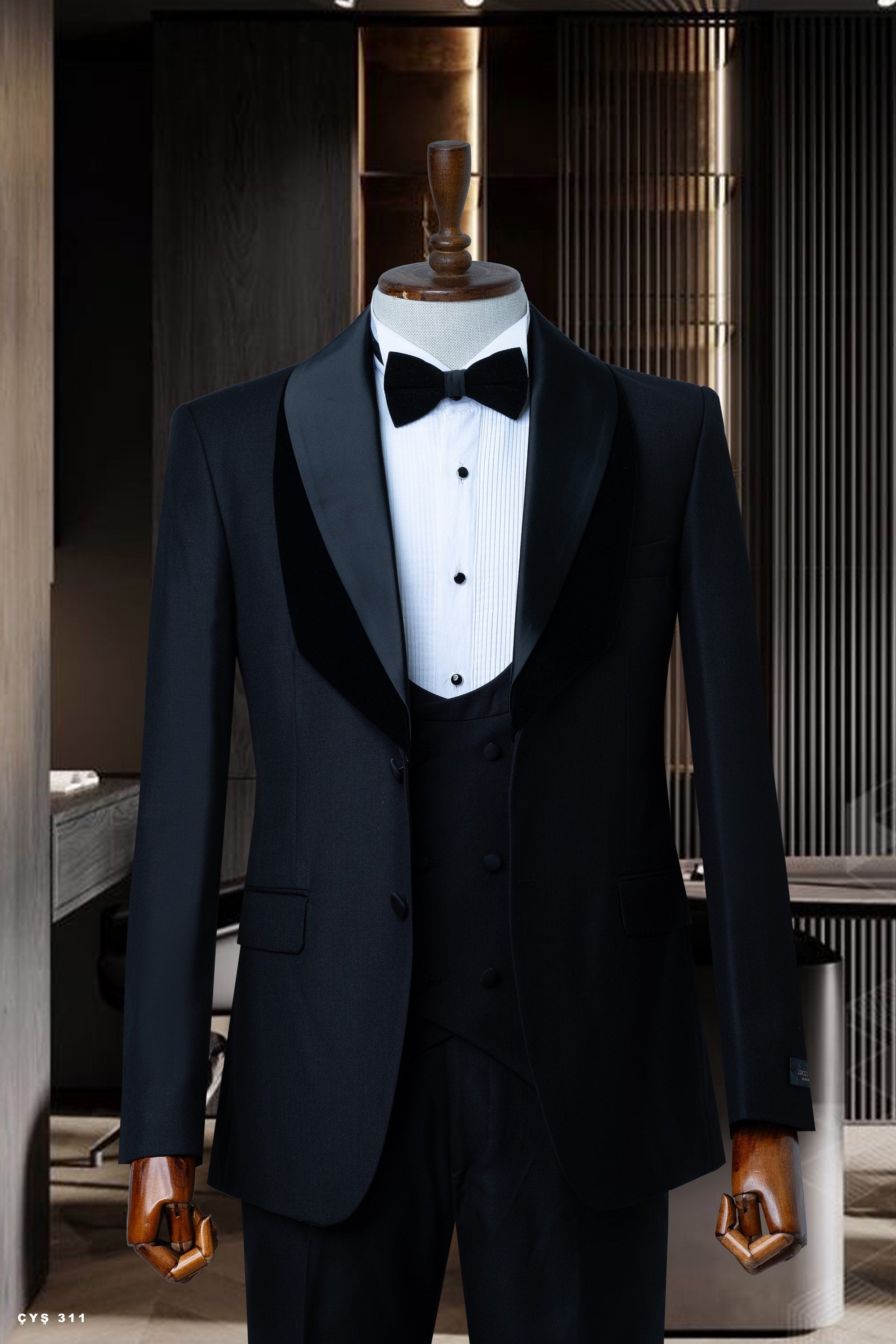 Black Suits Men 3 Piece Slim Fit One Button Wedding Groom Party Wear Coat Pant, Peak Lapel, Black Slim Fit Satin Peak Lapel Wedding Suit