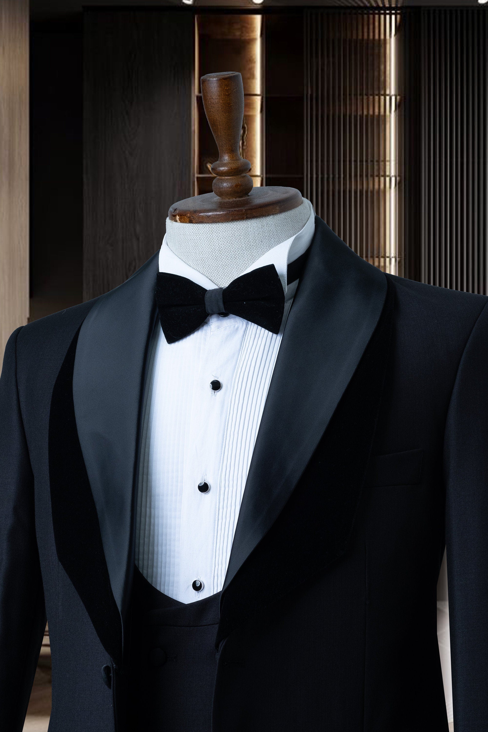 Black Suits Men 3 Piece Slim Fit One Button Wedding Groom Party Wear Coat Pant, Peak Lapel, Black Slim Fit Satin Peak Lapel Wedding Suit