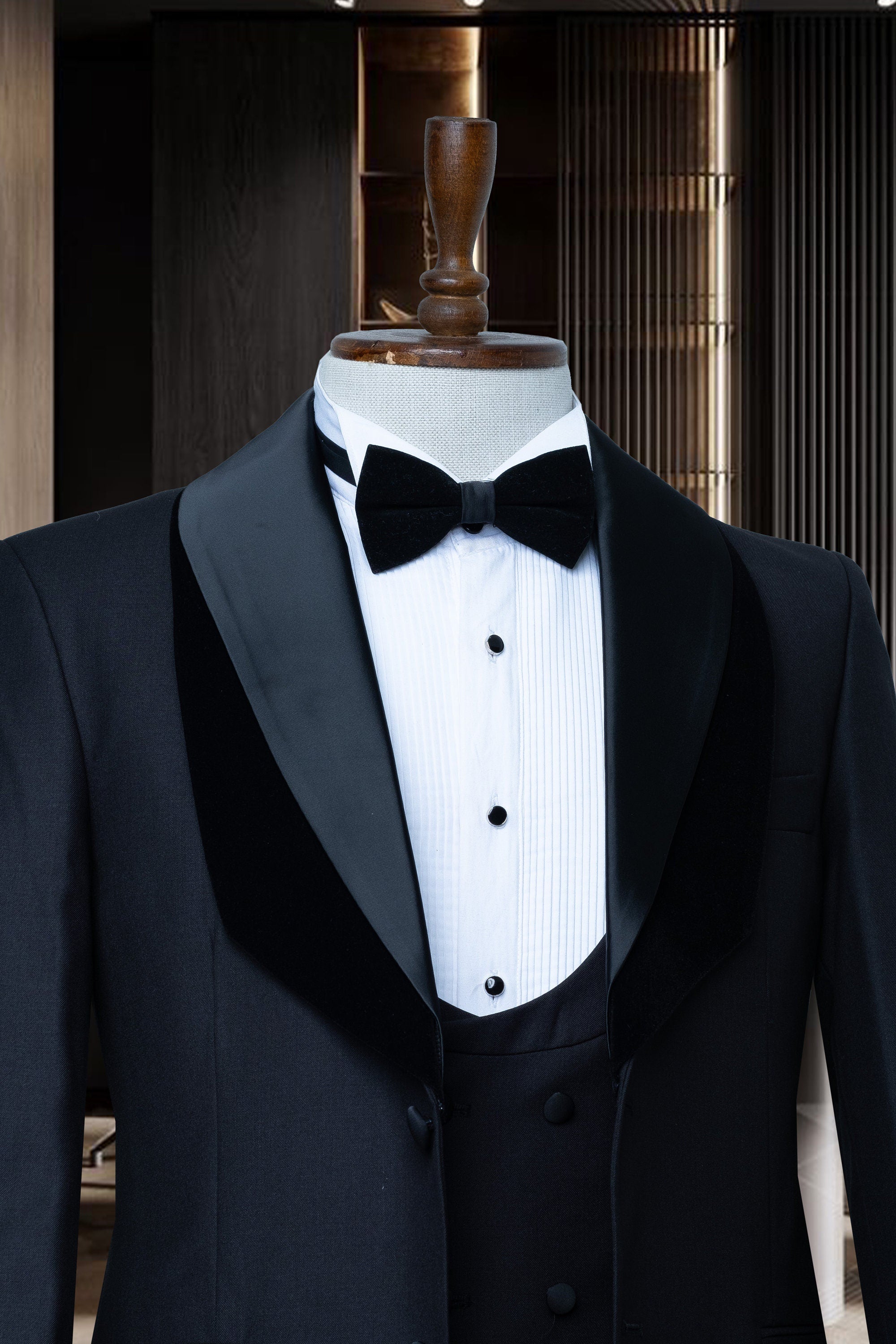 Black Suits Men 3 Piece Slim Fit One Button Wedding Groom Party Wear Coat Pant, Peak Lapel, Black Slim Fit Satin Peak Lapel Wedding Suit