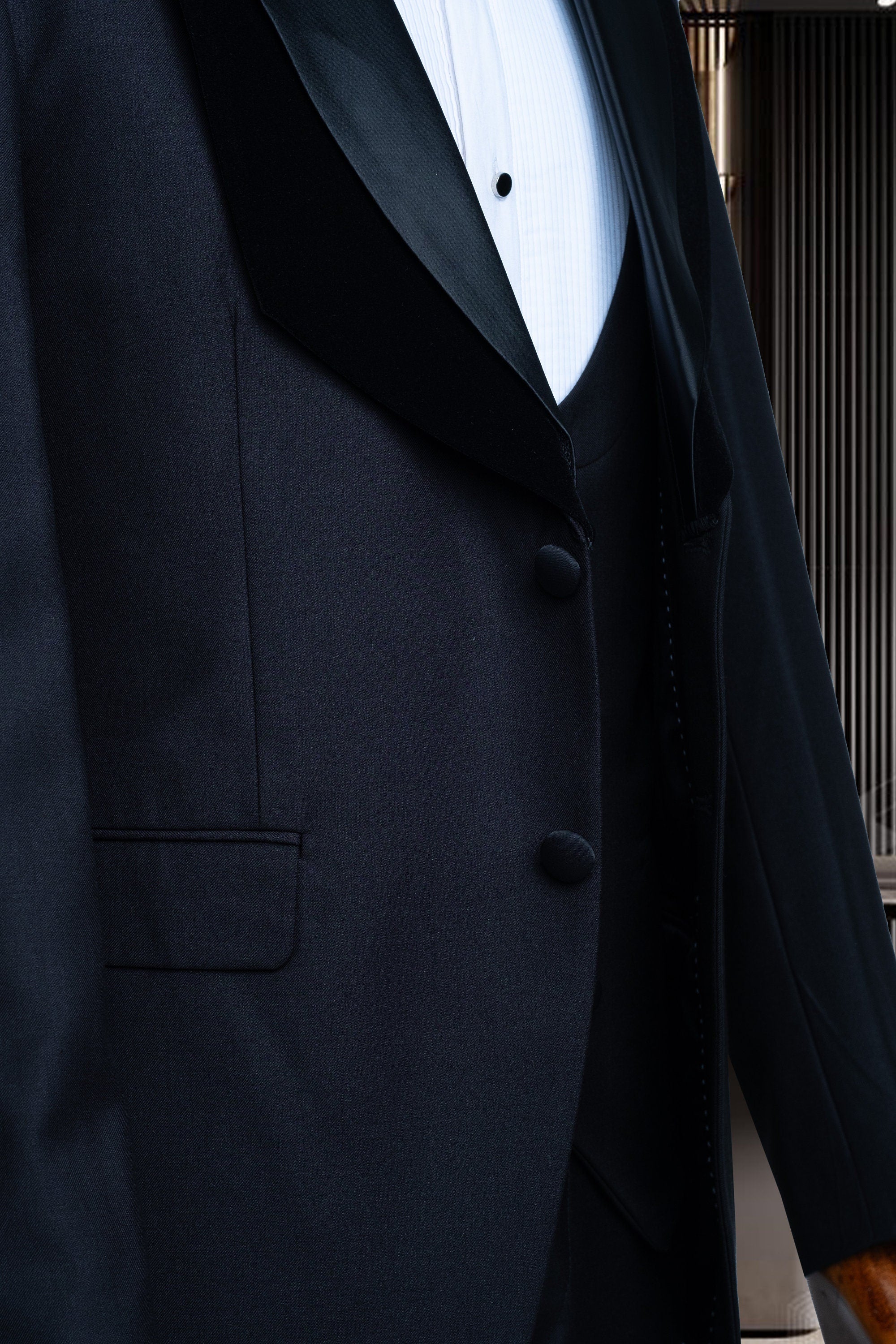 Black Suits Men 3 Piece Slim Fit One Button Wedding Groom Party Wear Coat Pant, Peak Lapel, Black Slim Fit Satin Peak Lapel Wedding Suit